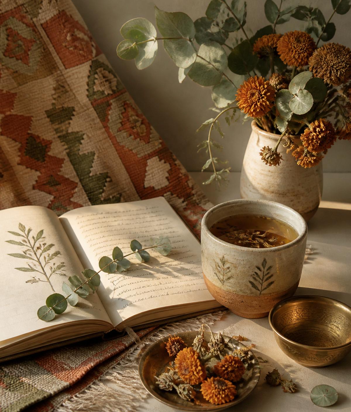 An open journal with tea and dried flowers in soft morning light
